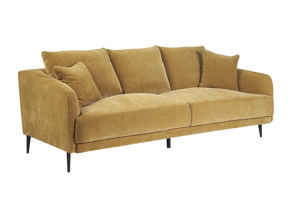 Canapé design 3 places en tissu effet velours jaune curry et métal noir JERRY