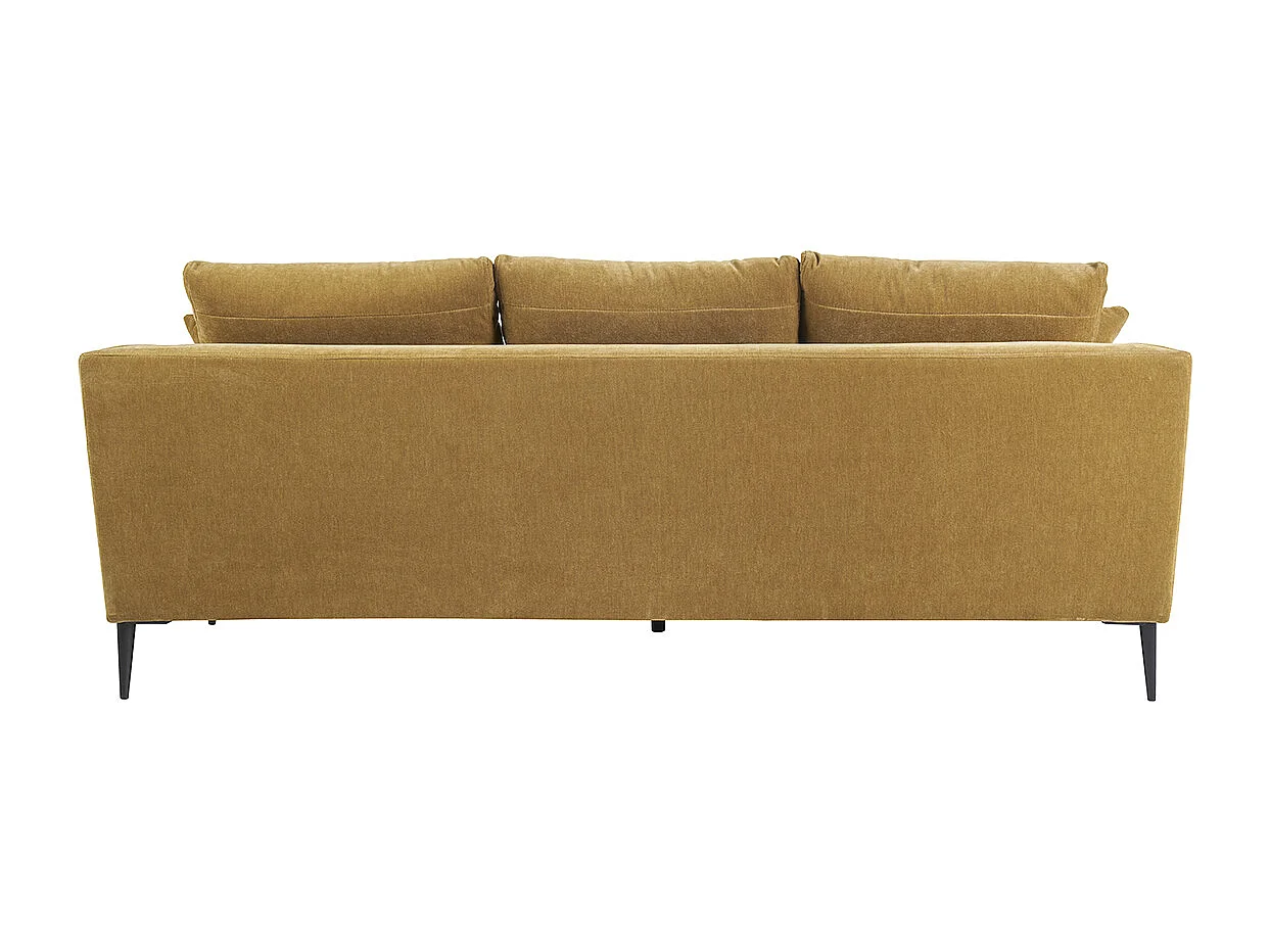 Canapé design 3 places en tissu effet velours jaune curry et métal noir JERRY
