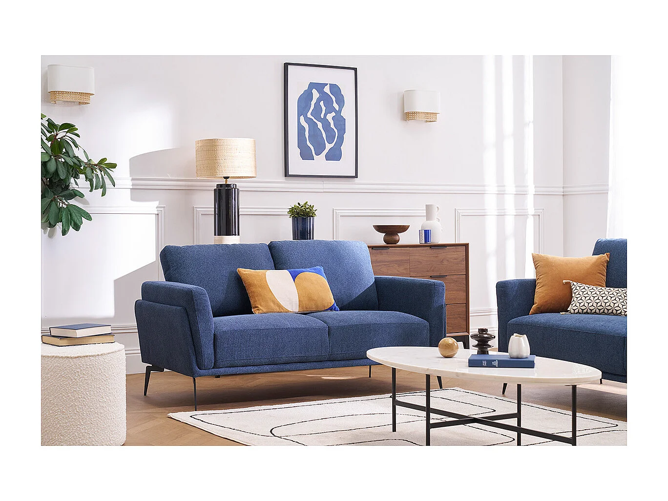 Design-Sofa mit 2 Plätzen aus dunkelblauem strukturiertem Samteffektstoff und schwarzem Metall MOSCO