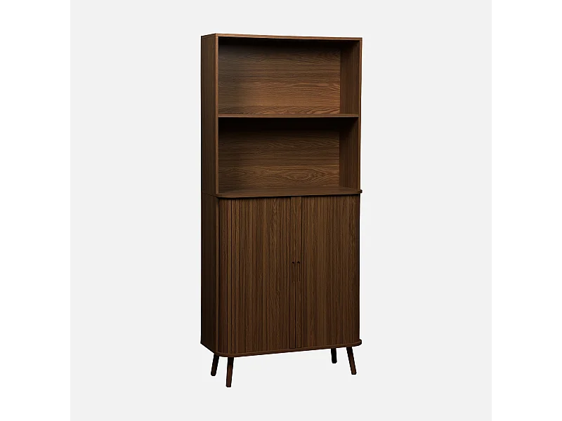 Etagère bibliothèque scandinave. 2 portes coulissantes. 4 niveaux. effet bois rainuré. L 80 x P 45 x H 180cm