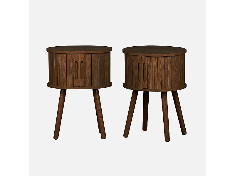 Lot de 2 tables de chevet ovale 2 portes coulissantes poignées creusées. effet bois rainuré. L40 x l34 x H54.8cm