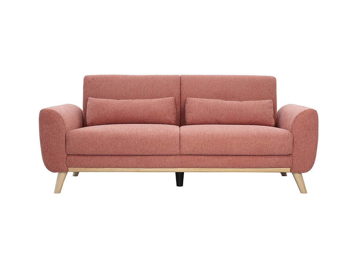 Canapé scandinave 3 places en tissu effet velours texturé terracotta et bois clair EKTOR