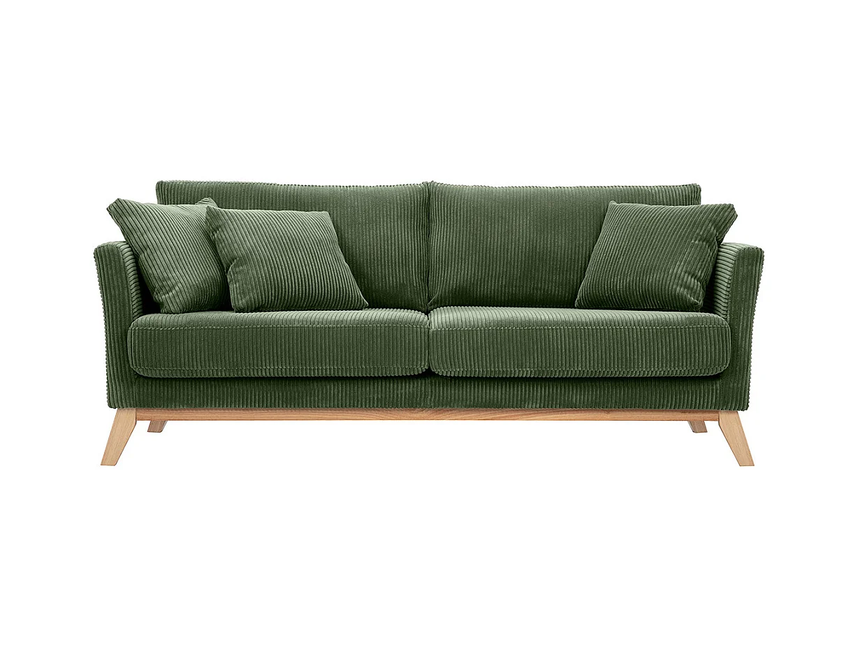Canapé scandinave déhoussable 3 places en tissu velours côtelé vert kaki et bois clair OSLO