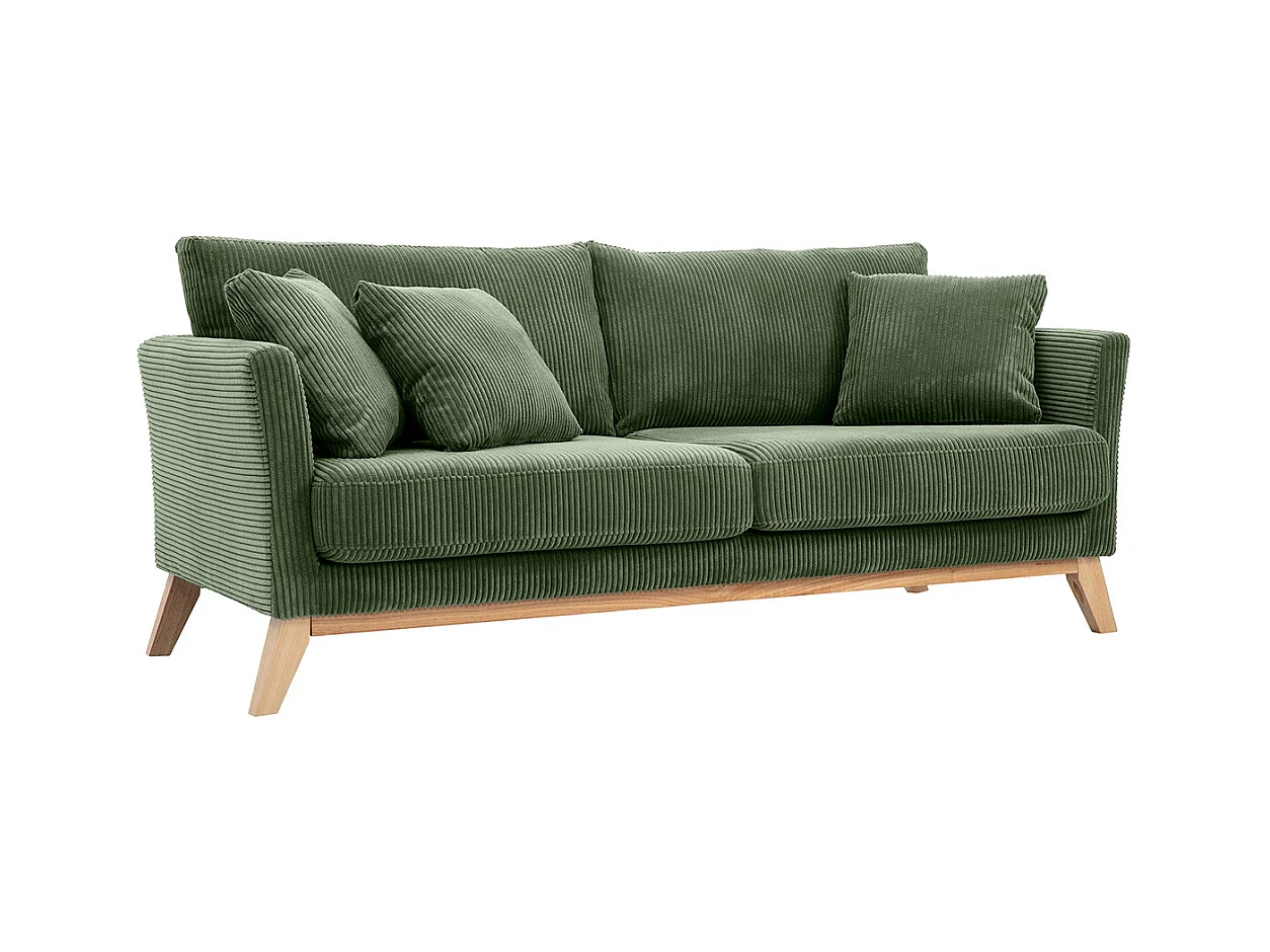 Canapé scandinave déhoussable 3 places en tissu velours côtelé vert kaki et bois clair OSLO