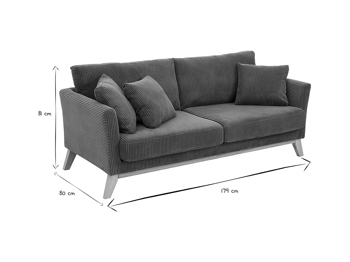 Canapé scandinave déhoussable 3 places en tissu velours côtelé vert kaki et bois clair OSLO