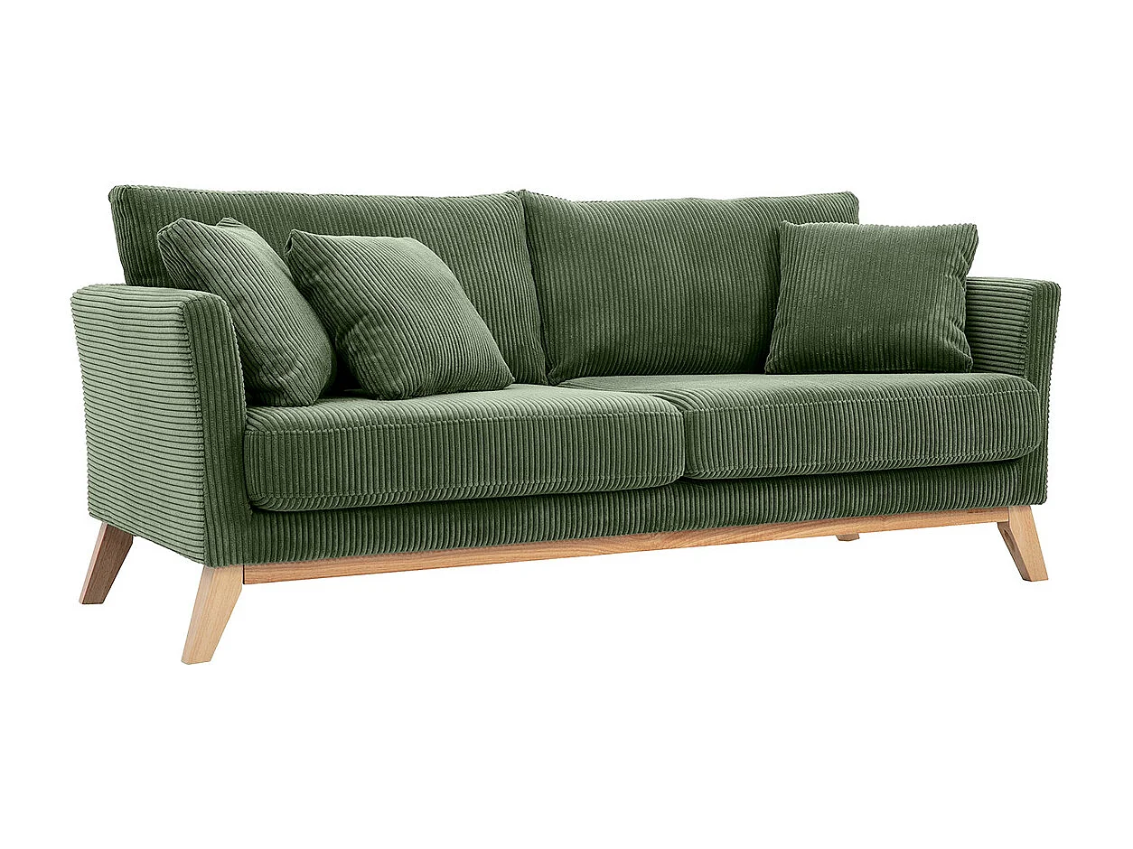 Canapé scandinave déhoussable 3 places en tissu velours côtelé vert kaki et bois clair OSLO