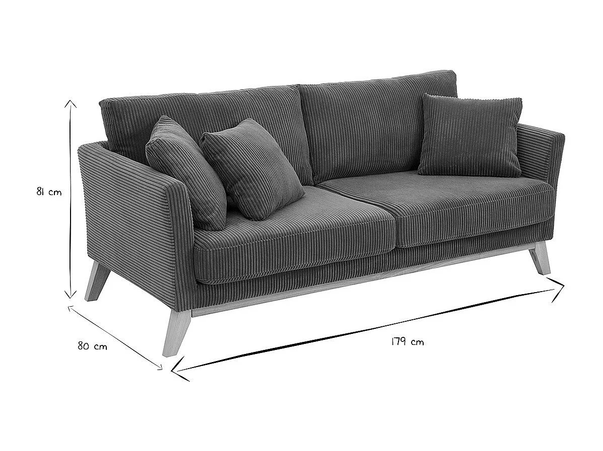 Canapé scandinave déhoussable 3 places en tissu velours côtelé vert kaki et bois clair OSLO