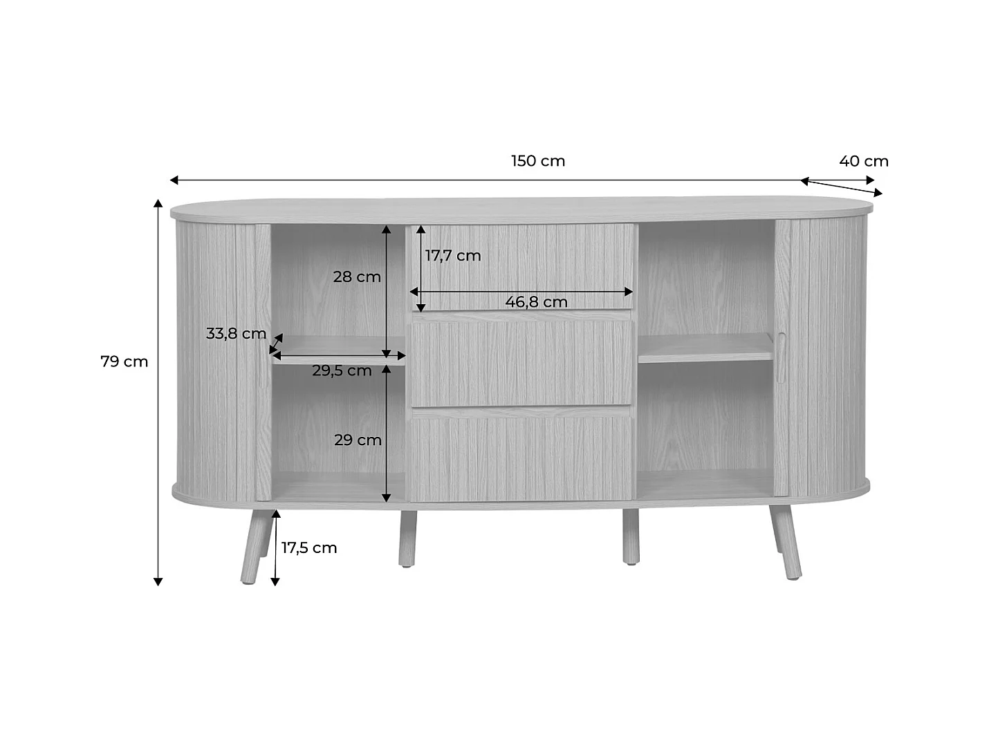 Credenza scandinava effetto legno scanalato 2 ante scorrevoli, 150cm,