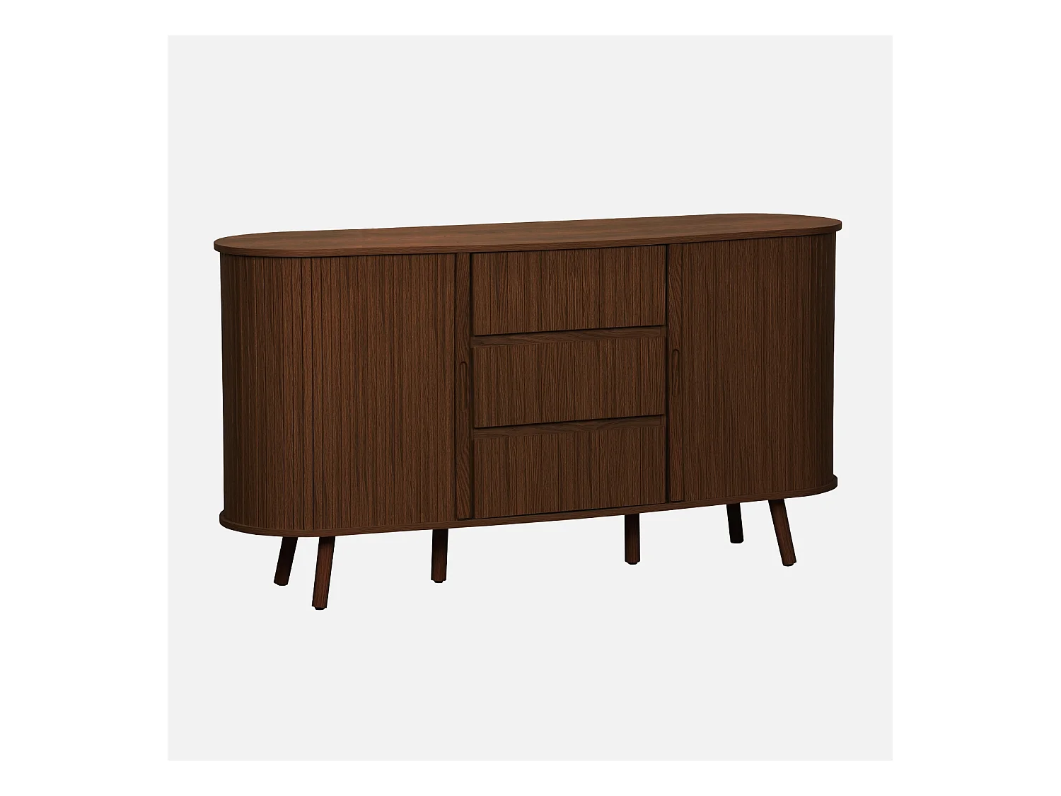 Buffet scandinave ovale 2 portes coulissantes. 4 compartiments. 3 tiroirs. effet bois rainuré. teinte noyer. L 150 x P 40 x H 79cm