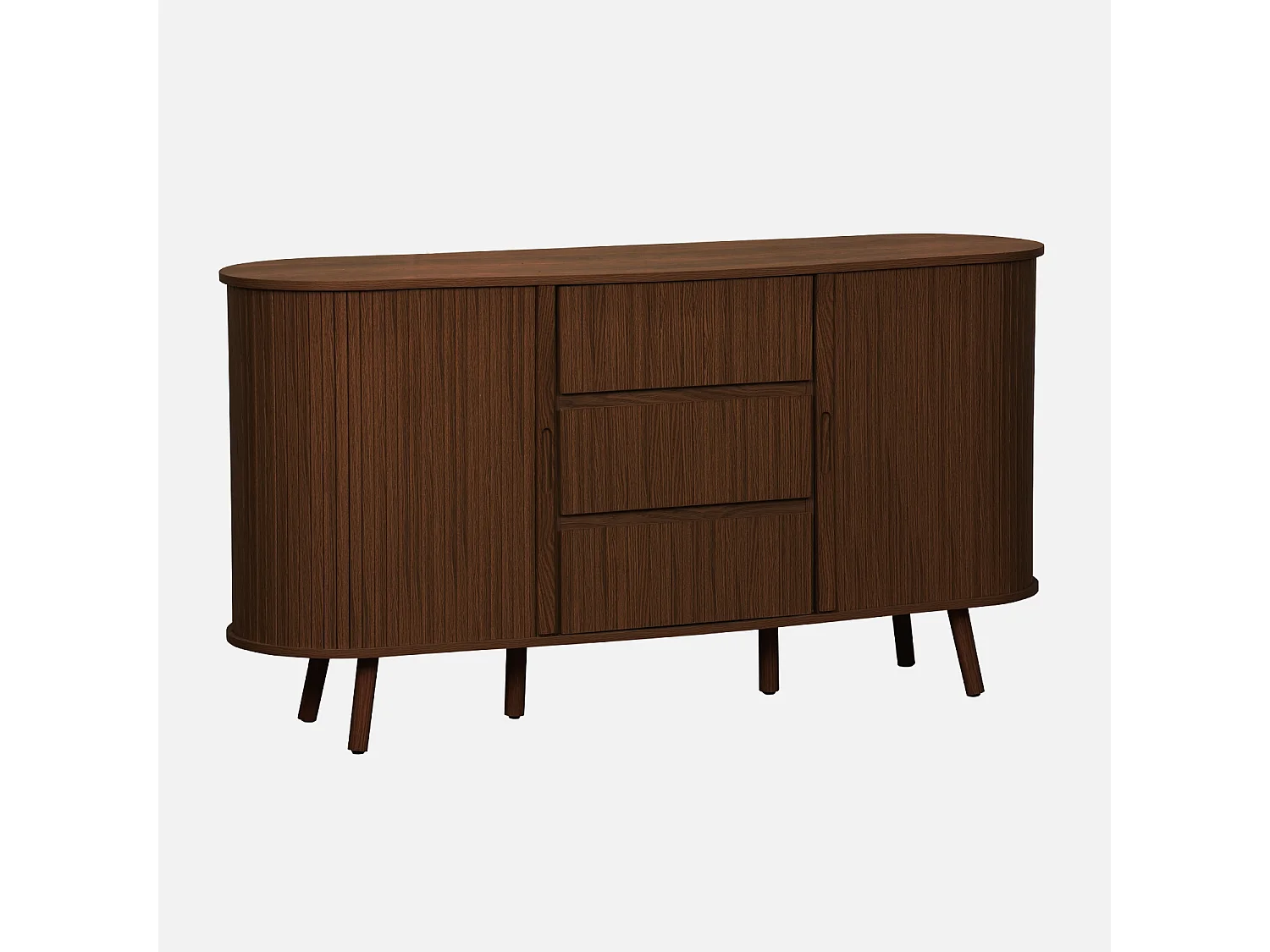 Buffet scandinave ovale 2 portes coulissantes. 4 compartiments. 3 tiroirs. décor bois rainuré. teinte noyer. L 150 x P 40 x H 79cm