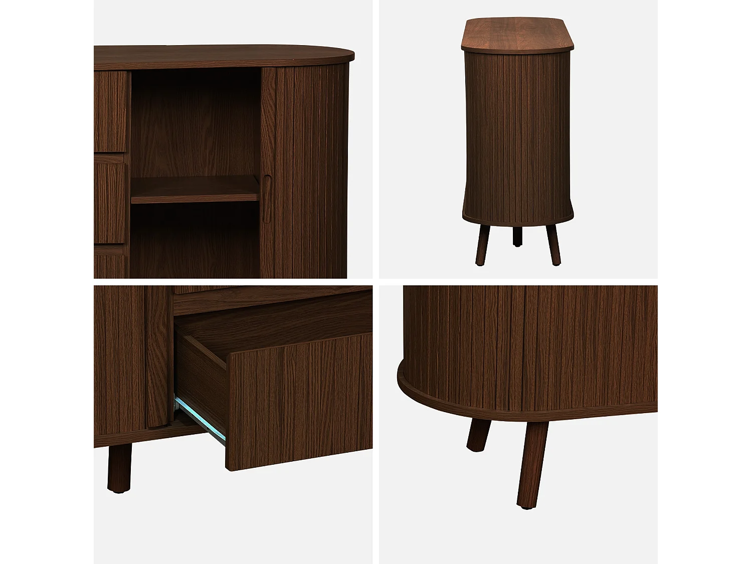 Buffet scandinave ovale 2 portes coulissantes. 4 compartiments. 3 tiroirs. décor bois rainuré. teinte noyer. L 150 x P 40 x H 79cm