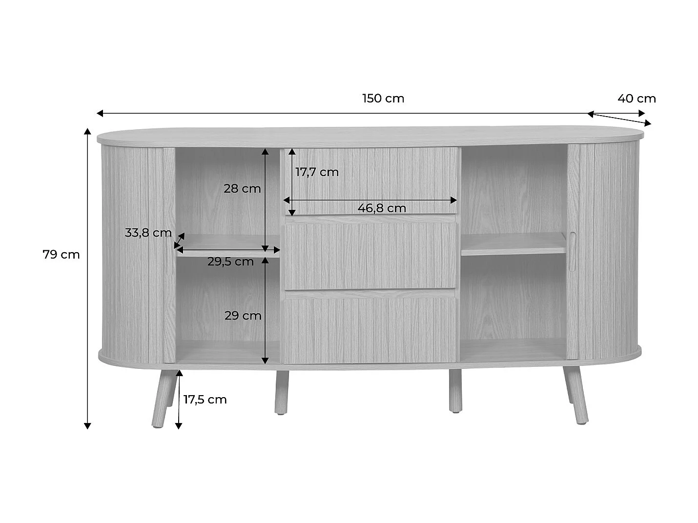 Buffet scandinave ovale 2 portes coulissantes. 4 compartiments. 3 tiroirs. décor bois rainuré. teinte noyer. L 150 x P 40 x H 79cm