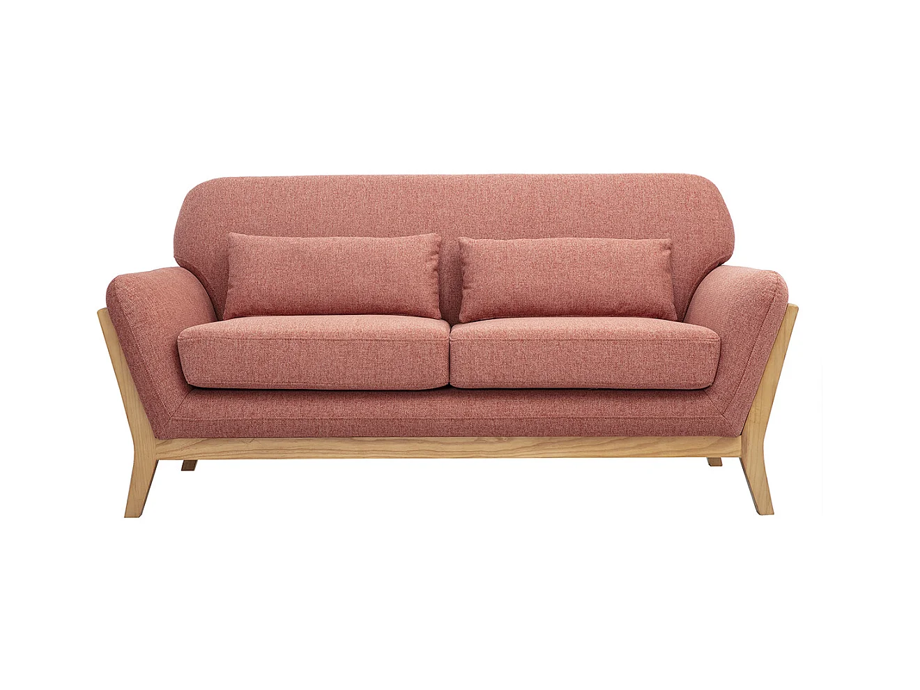 Canapé scandinave 2 places en tissu effet velours texturé terracotta et bois clair YOKO