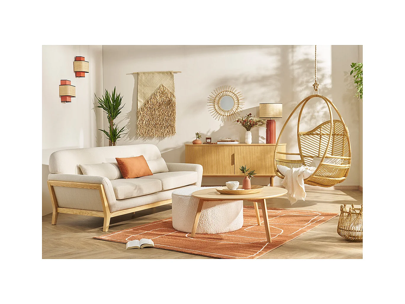 Canapé scandinave 2 places en tissu effet velours texturé terracotta et bois clair YOKO