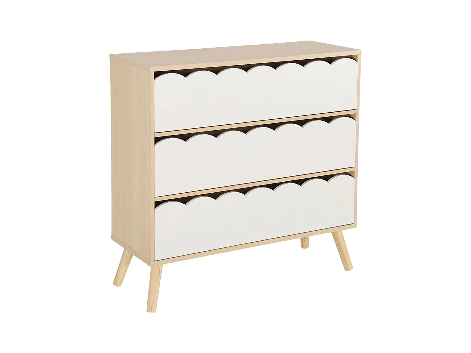 Commode enfant décor bois blanc 3 tiroirs. pieds bois de pin - 80 x 30 x 79 cm - Azur