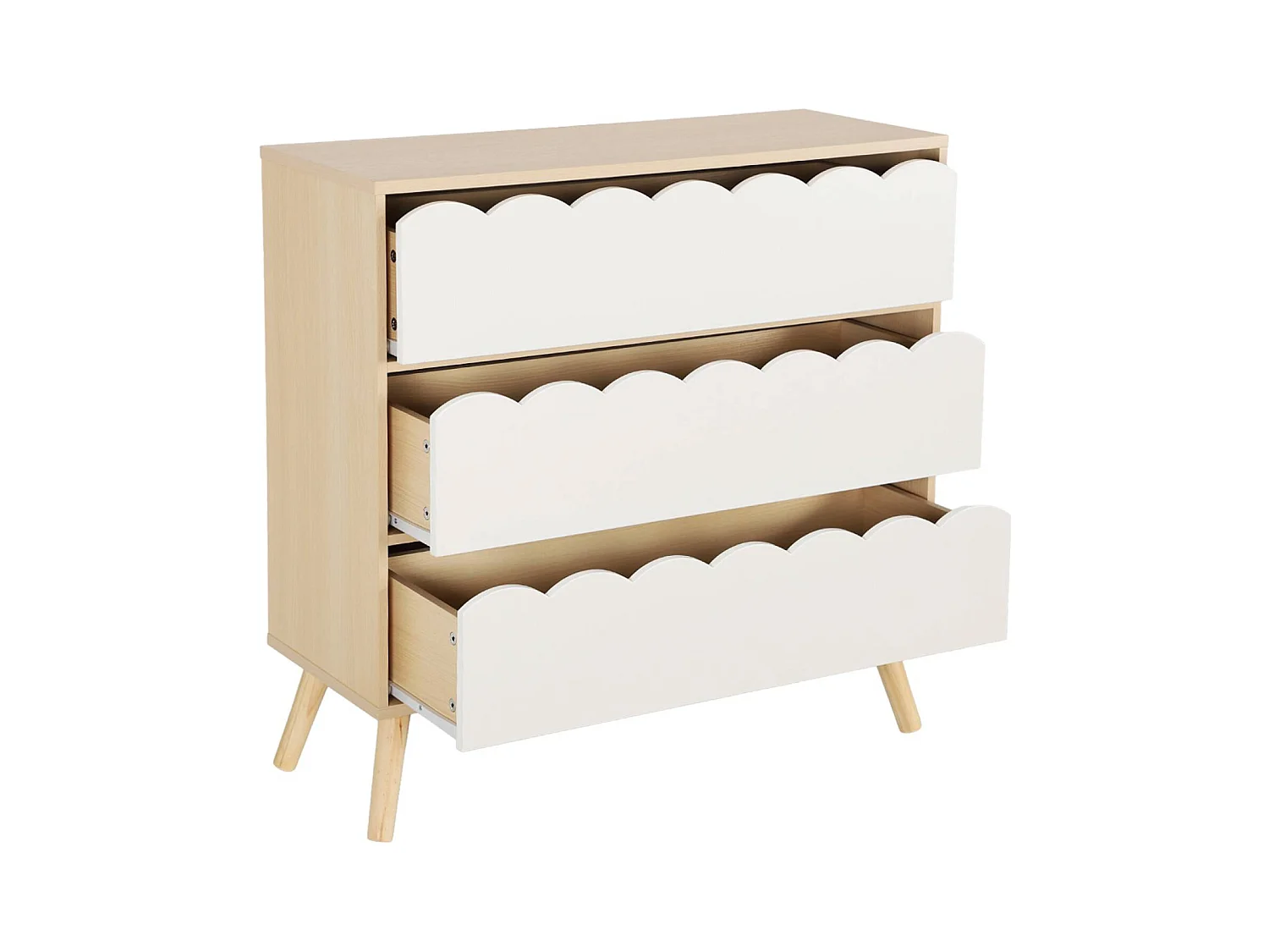 Commode enfant décor bois blanc 3 tiroirs. pieds bois de pin - 80 x 30 x 79 cm - Azur