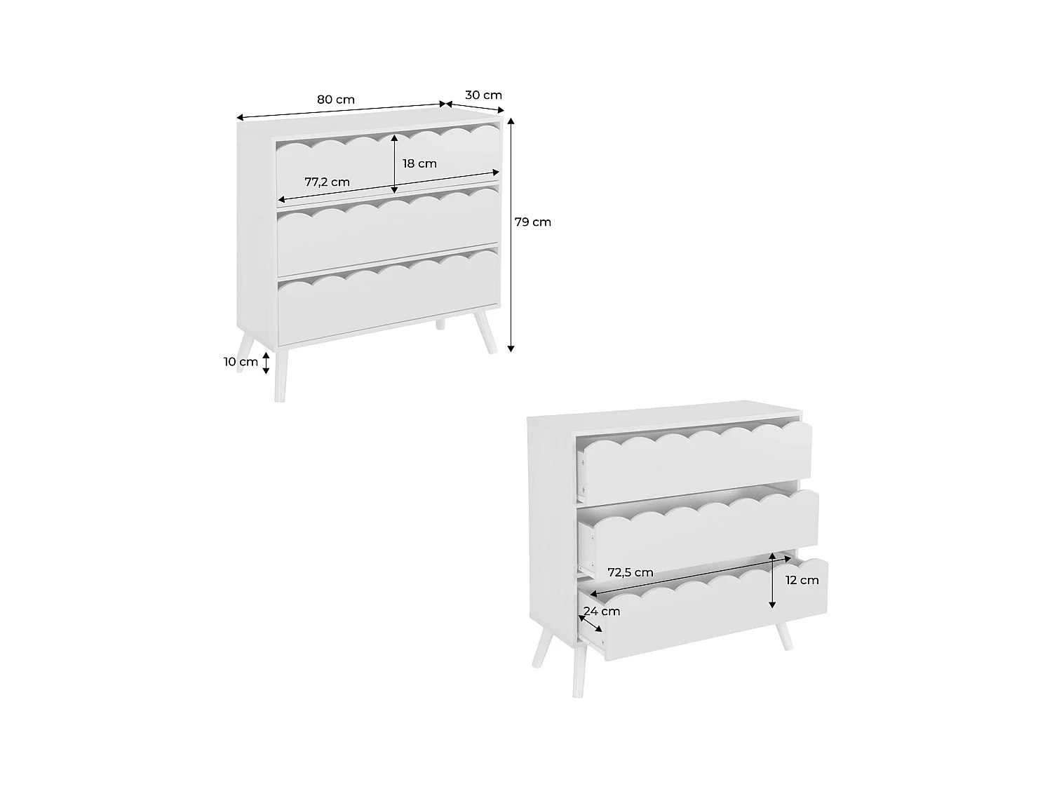Commode enfant décor bois blanc 3 tiroirs. pieds bois de pin - 80 x 30 x 79 cm - Azur