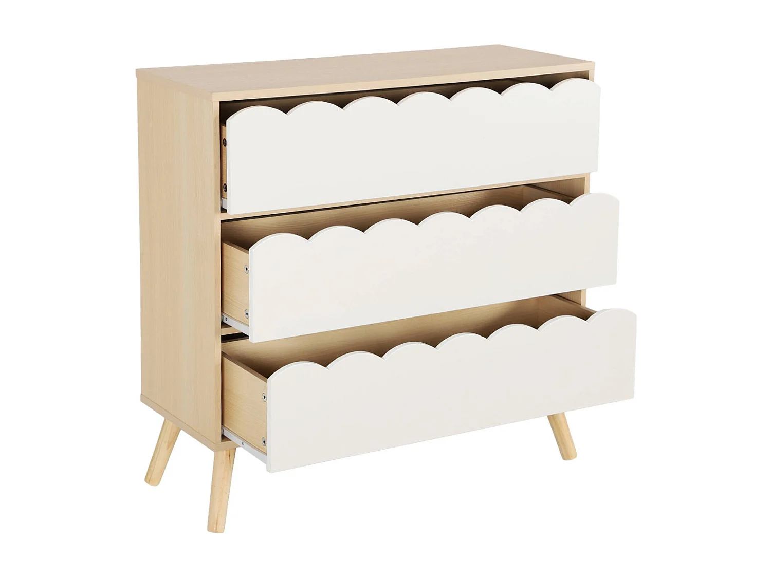 Commode enfant décor bois blanc 3 tiroirs. pieds bois de pin - 80 x 30 x 79 cm - Azur