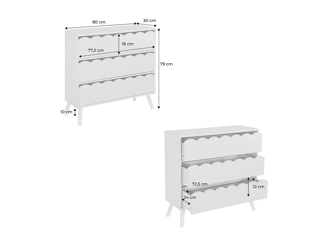 Commode enfant décor bois blanc 3 tiroirs. pieds bois de pin - 80 x 30 x 79 cm - Azur