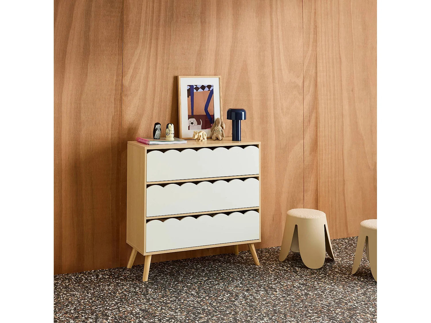 Cassettiera per bambini effetto legno 3 cassetti, bianco