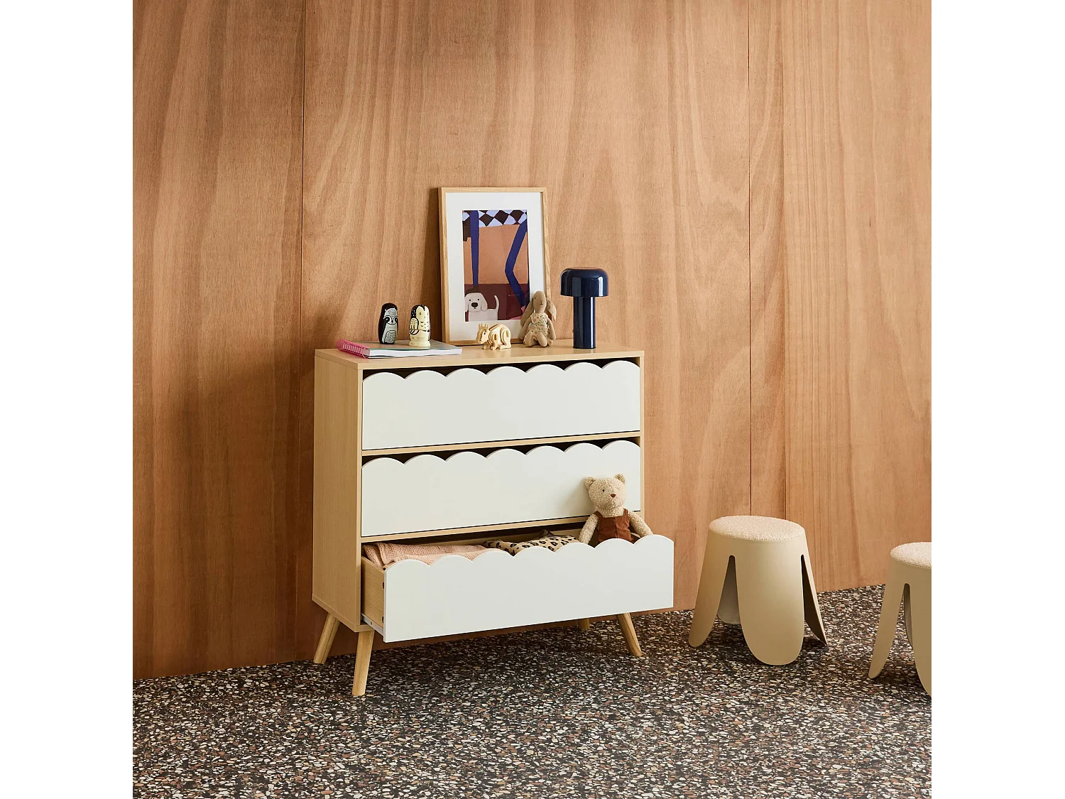 Cassettiera per bambini effetto legno 3 cassetti, bianco