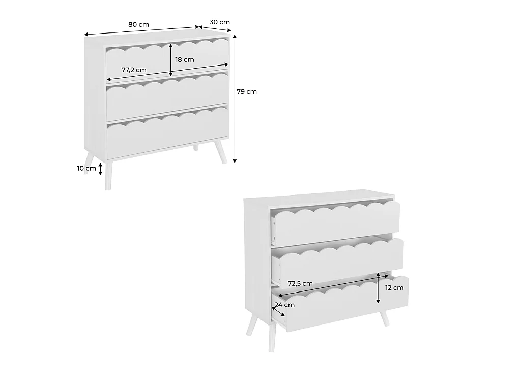 Cassettiera per bambini effetto legno 3 cassetti, bianco