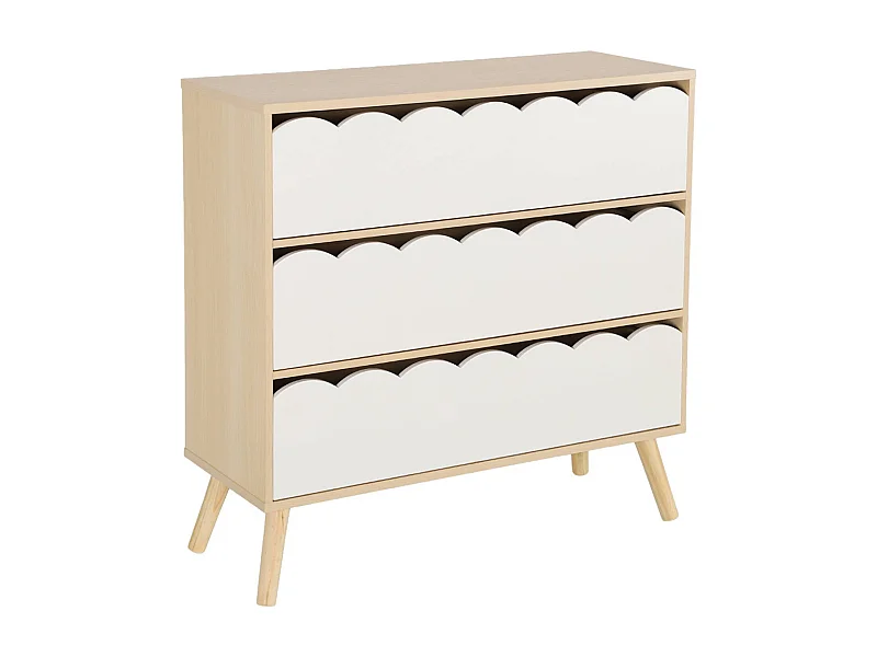 Commode enfant décor bois blanc 3 tiroirs. pieds bois de pin - 80 x 30 x 79 cm - Azur