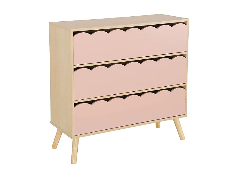 Commode enfant décor bois rose 3 tiroirs. pieds bois de pin - 80 x 30 x 79 cm - Azur