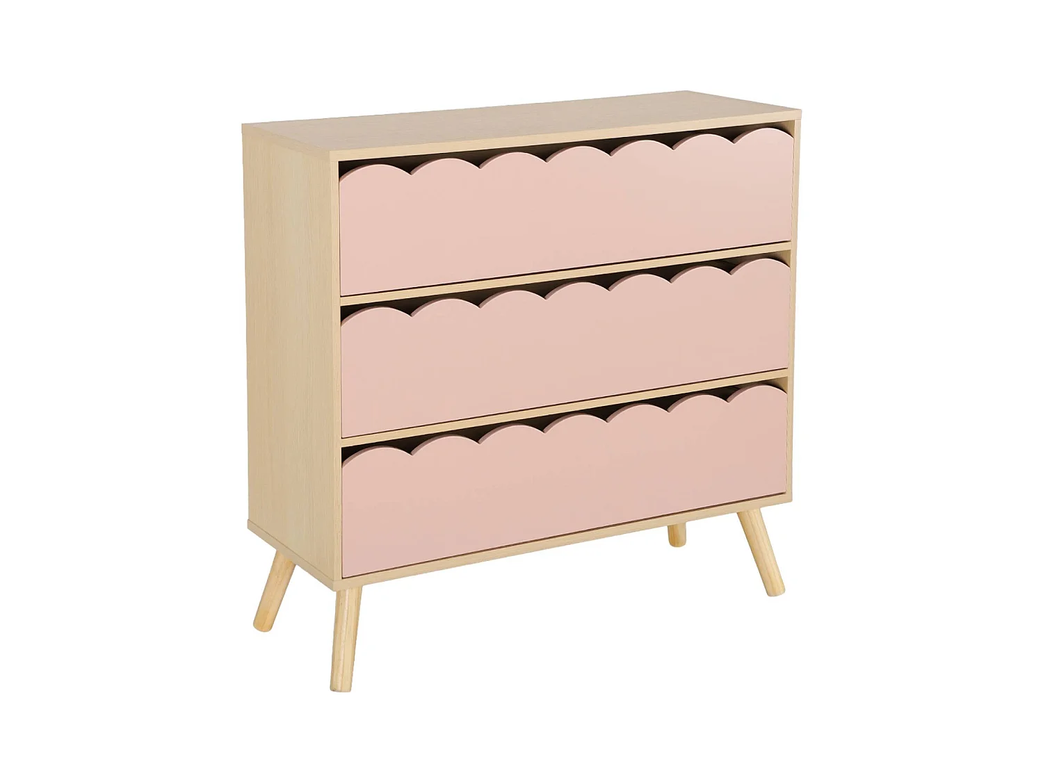 Commode enfant décor bois rose 3 tiroirs. pieds bois de pin - 80 x 30 x 79 cm - Azur