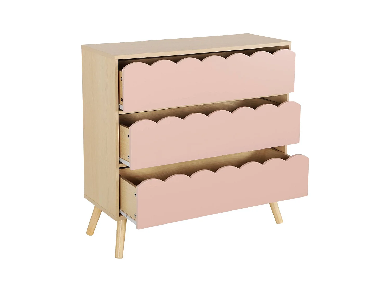 Commode enfant décor bois rose 3 tiroirs. pieds bois de pin - 80 x 30 x 79 cm - Azur