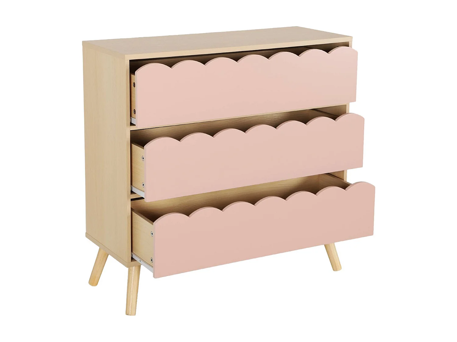 Commode enfant décor bois rose 3 tiroirs. pieds bois de pin - 80 x 30 x 79 cm - Azur