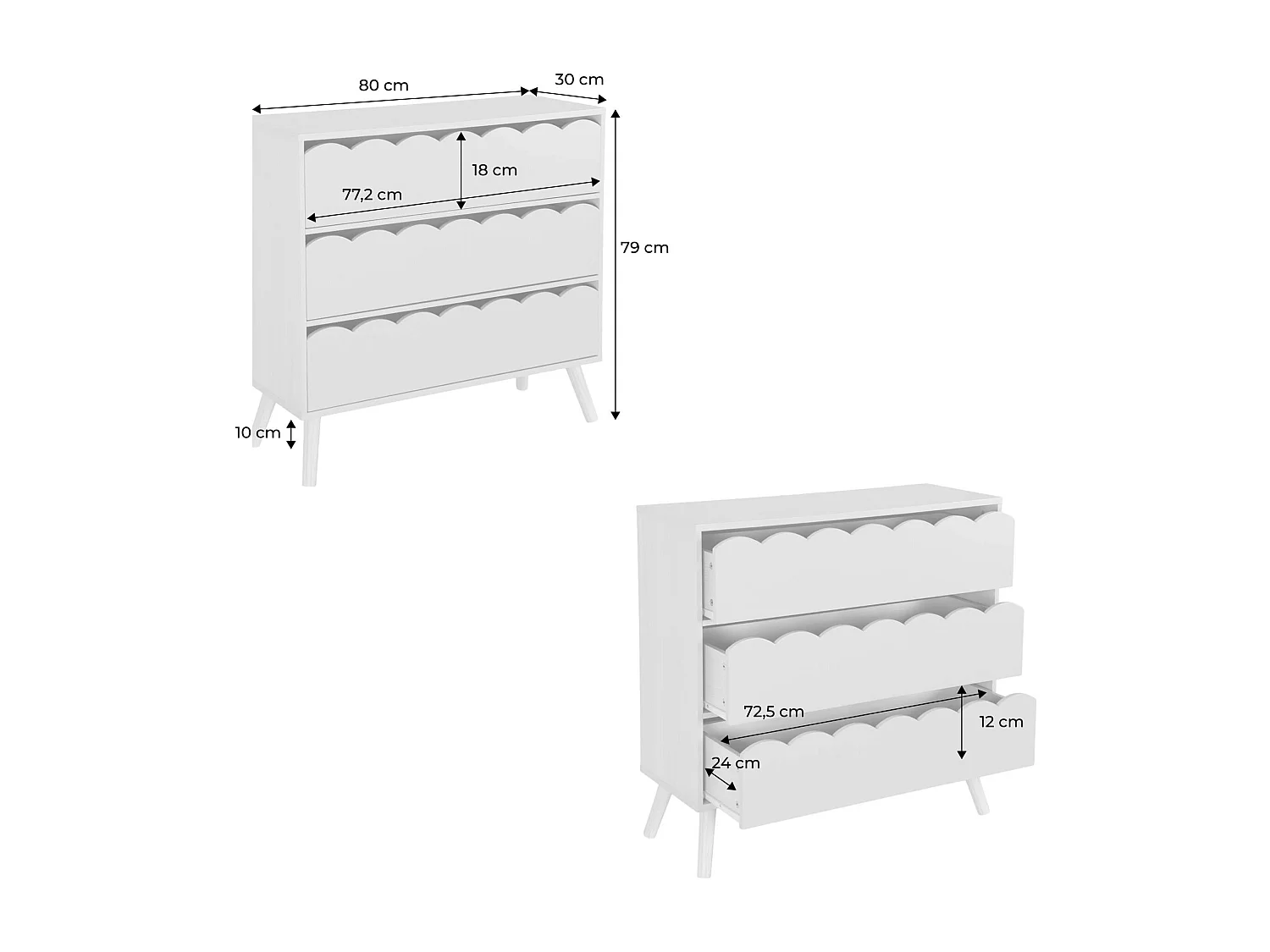 Commode enfant décor bois rose 3 tiroirs. pieds bois de pin - 80 x 30 x 79 cm - Azur