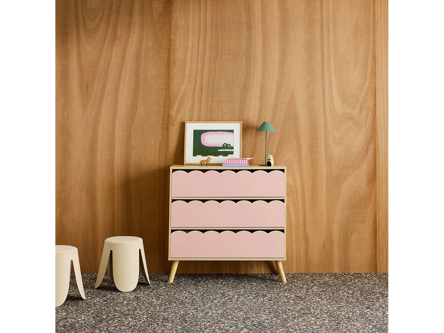 Cassettiera per bambini effetto legno 3 cassetti, rosa