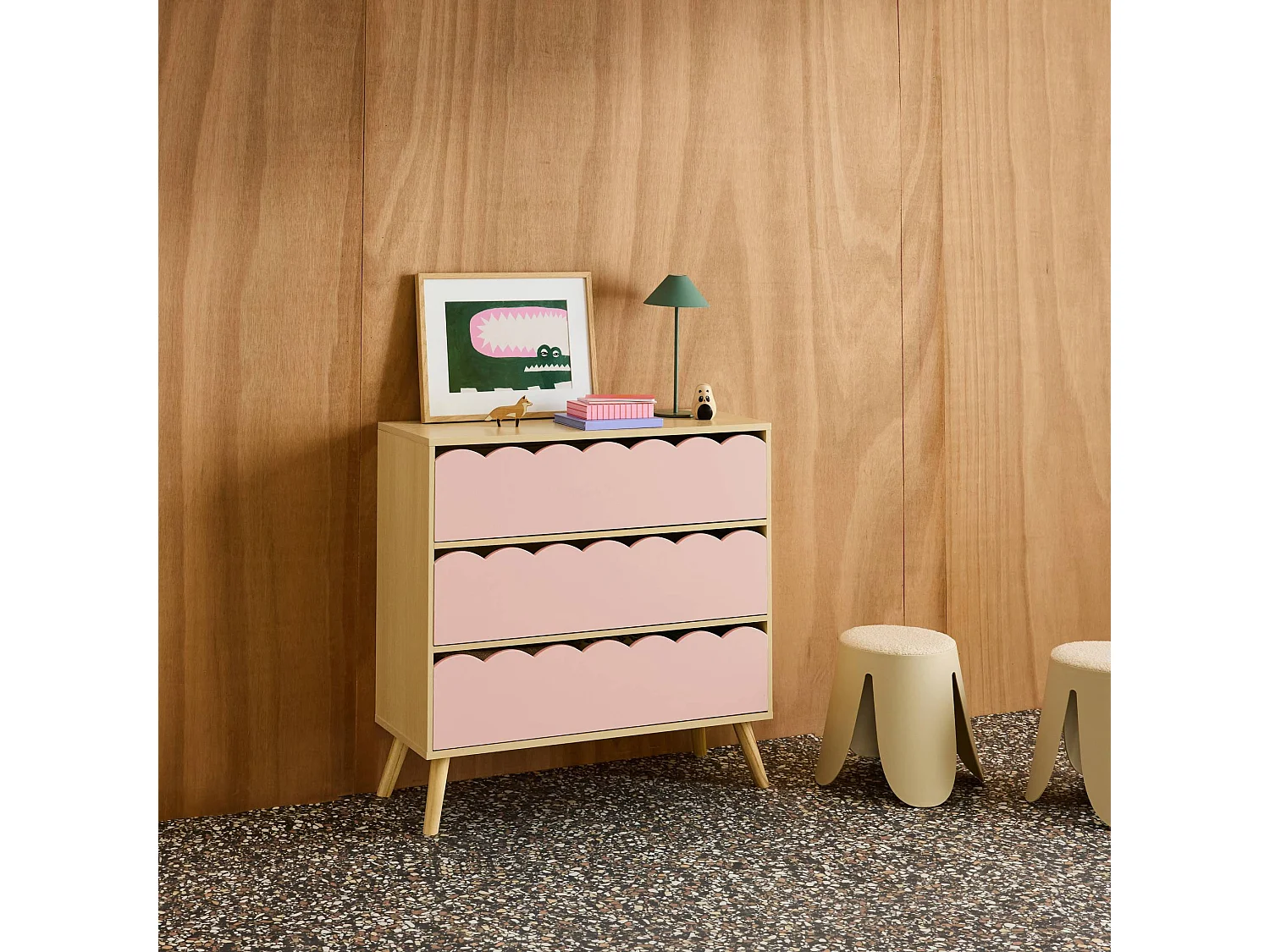 Commode enfant décor bois rose 3 tiroirs. pieds bois de pin - 80 x 30 x 79 cm - Azur