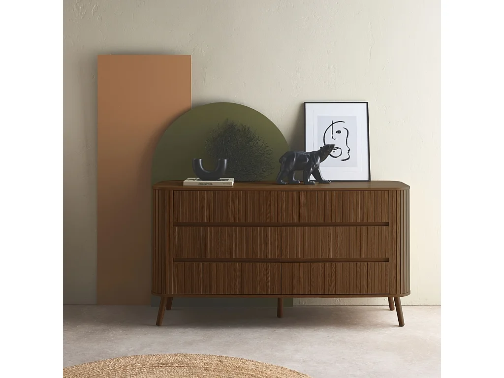 Commode 6 tiroirs. décor strié noyer. L 150 x P 45  H 80cm