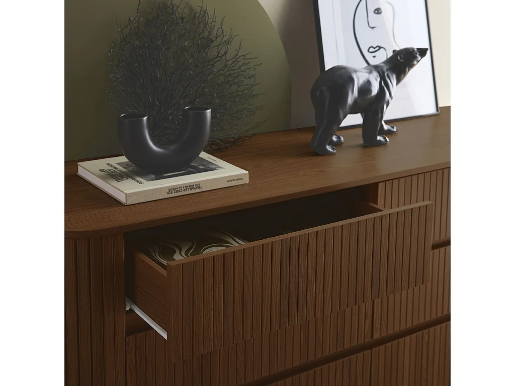 Commode 6 tiroirs. décor strié noyer. L 150 x P 45  H 80cm