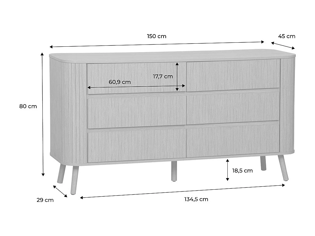 Commode 6 tiroirs. décor strié noyer. L 150 x P 45  H 80cm