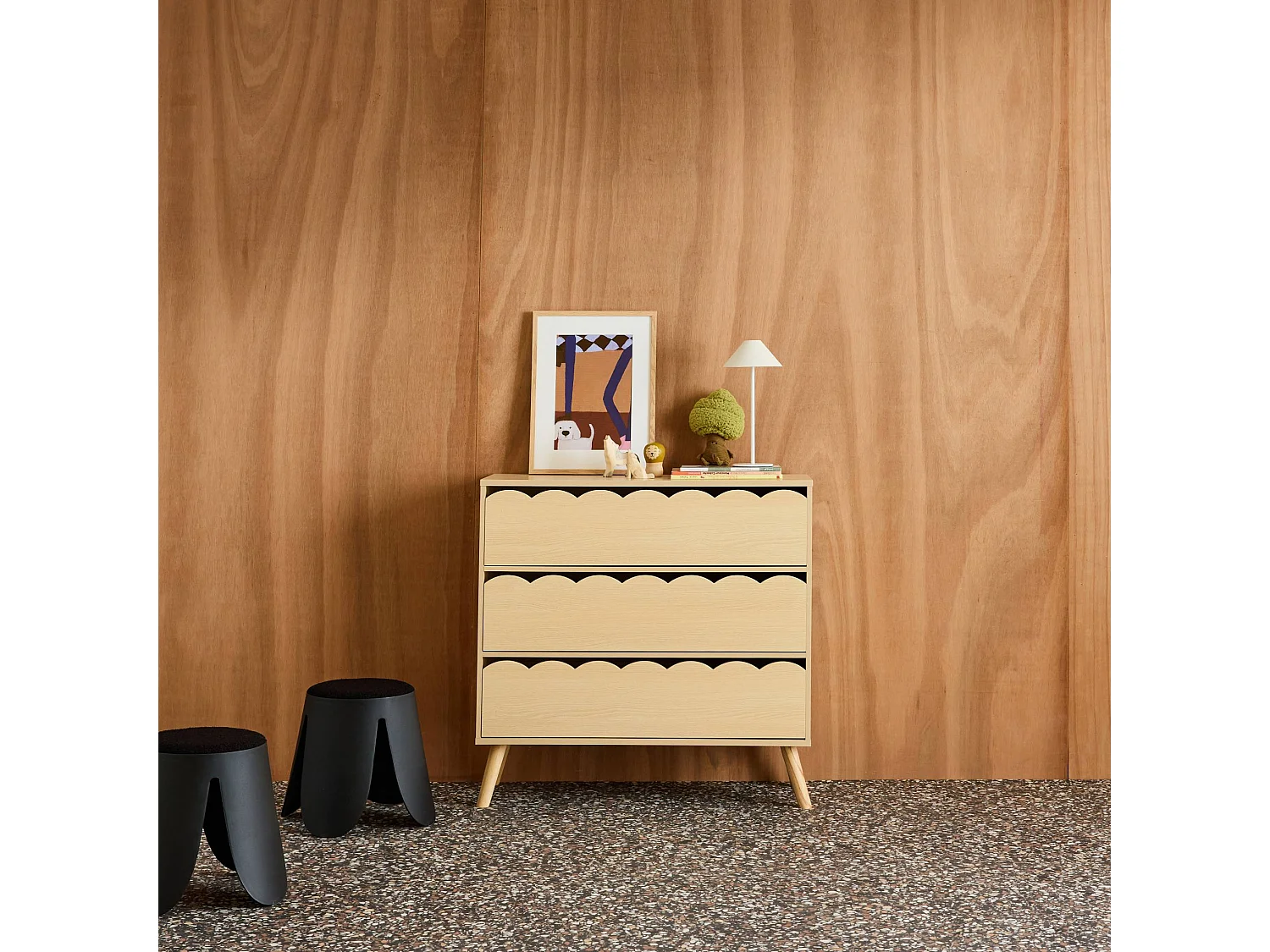 Cassettiera per bambini effetto legno 3 cassetti, marrone naturale