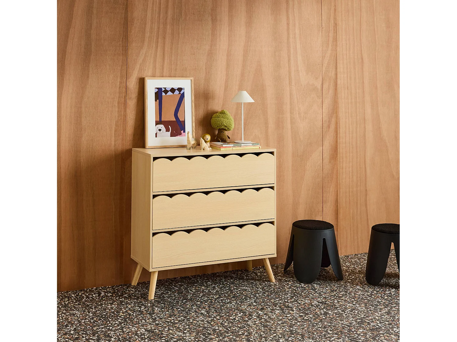 Commode enfant décor bois naturel 3 tiroirs. pieds bois de pin - 80 x 30 x 79 cm - Azur