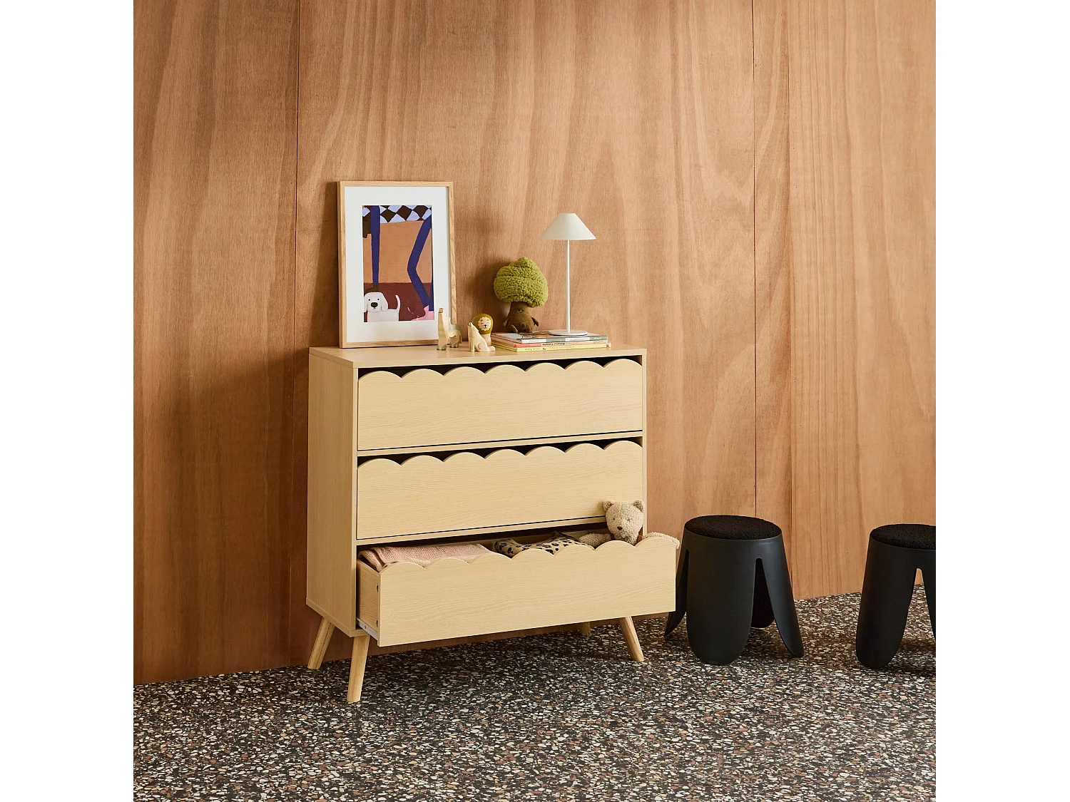 Commode enfant décor bois naturel 3 tiroirs. pieds bois de pin - 80 x 30 x 79 cm - Azur