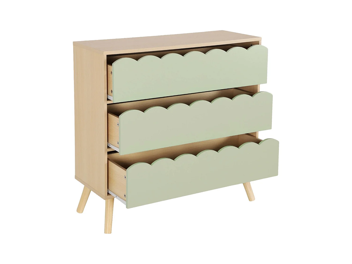 Commode enfant décor bois vert 3 tiroirs. pieds bois de pin - 80 x 30 x 79 cm - Azur