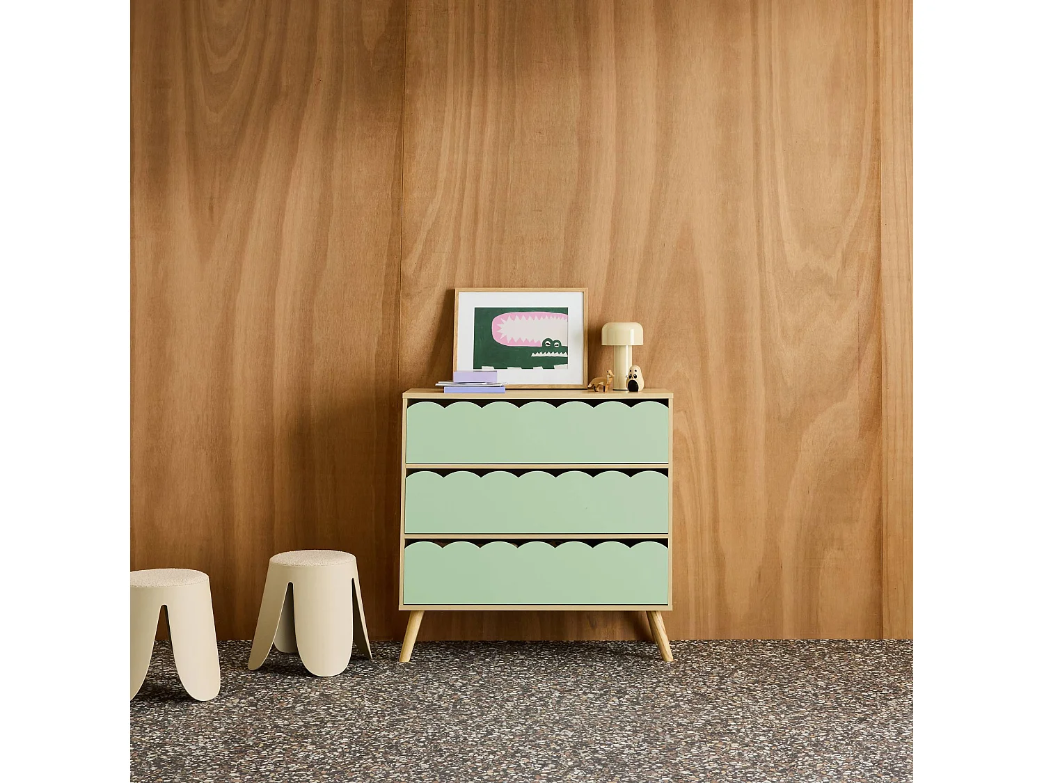 Cassettiera per bambini effetto legno 3 cassetti, verde