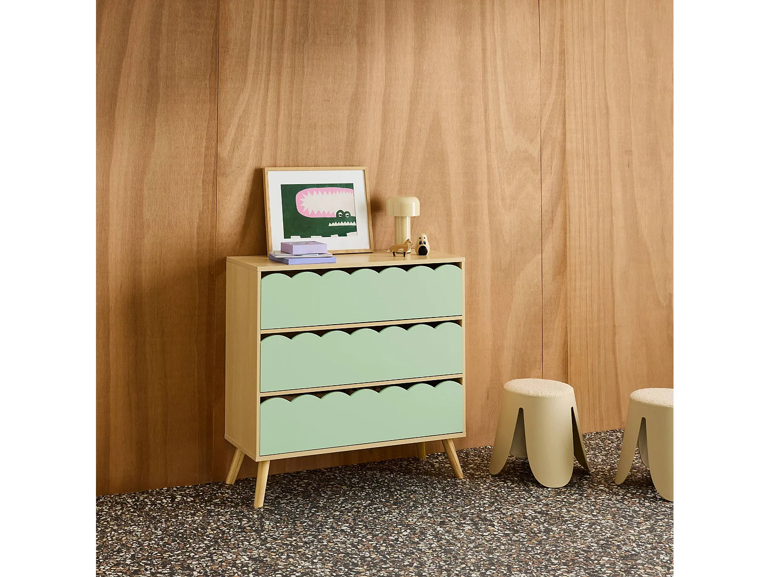 Commode enfant décor bois vert 3 tiroirs. pieds bois de pin - 80 x 30 x 79 cm - Azur