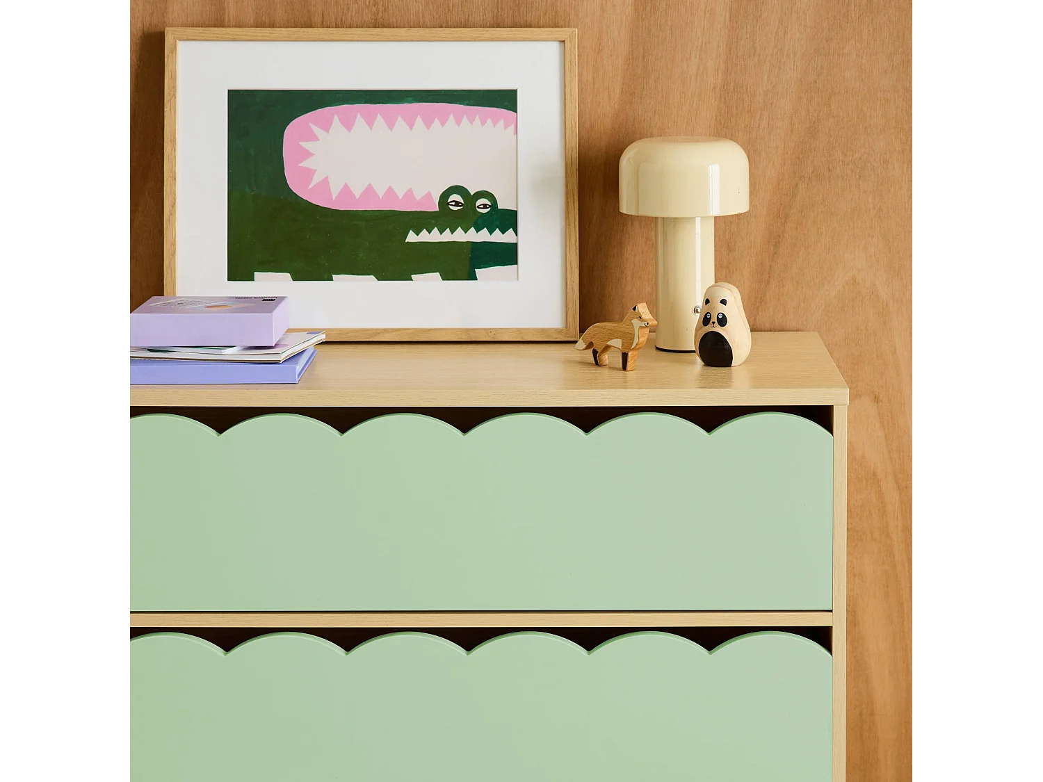 Commode enfant décor bois vert 3 tiroirs. pieds bois de pin - 80 x 30 x 79 cm - Azur