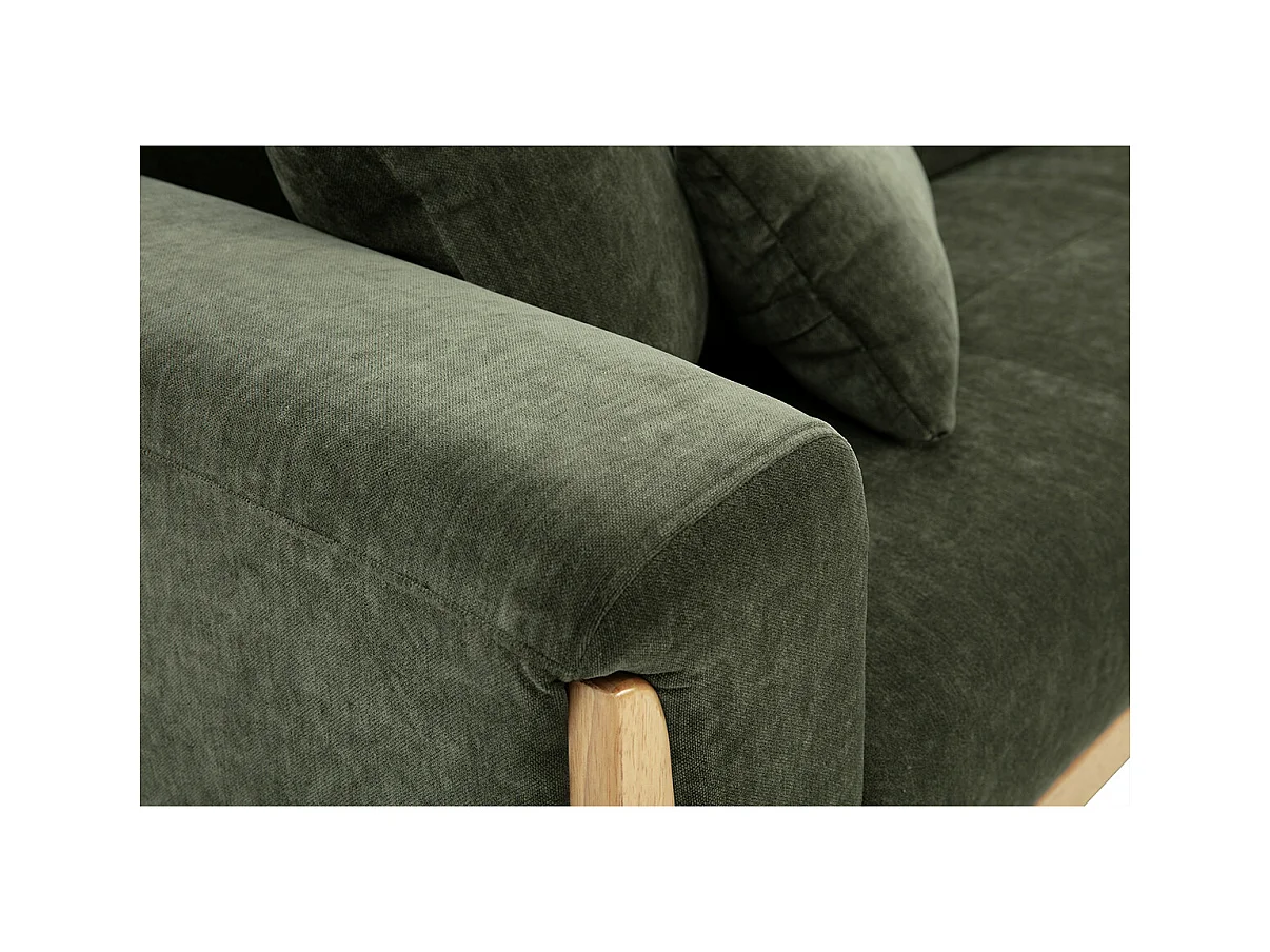 Canapé scandinave 3 places en tissu effet velours vert kaki et bois clair FJORD