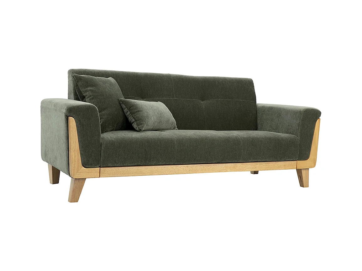 Canapé scandinave 3 places en tissu effet velours vert kaki et bois clair FJORD