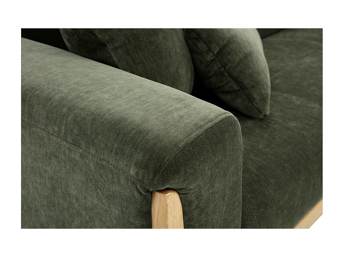 Sofá escandinavo de 3 plazas de terciopelo verde caqui y madera clara FJORD