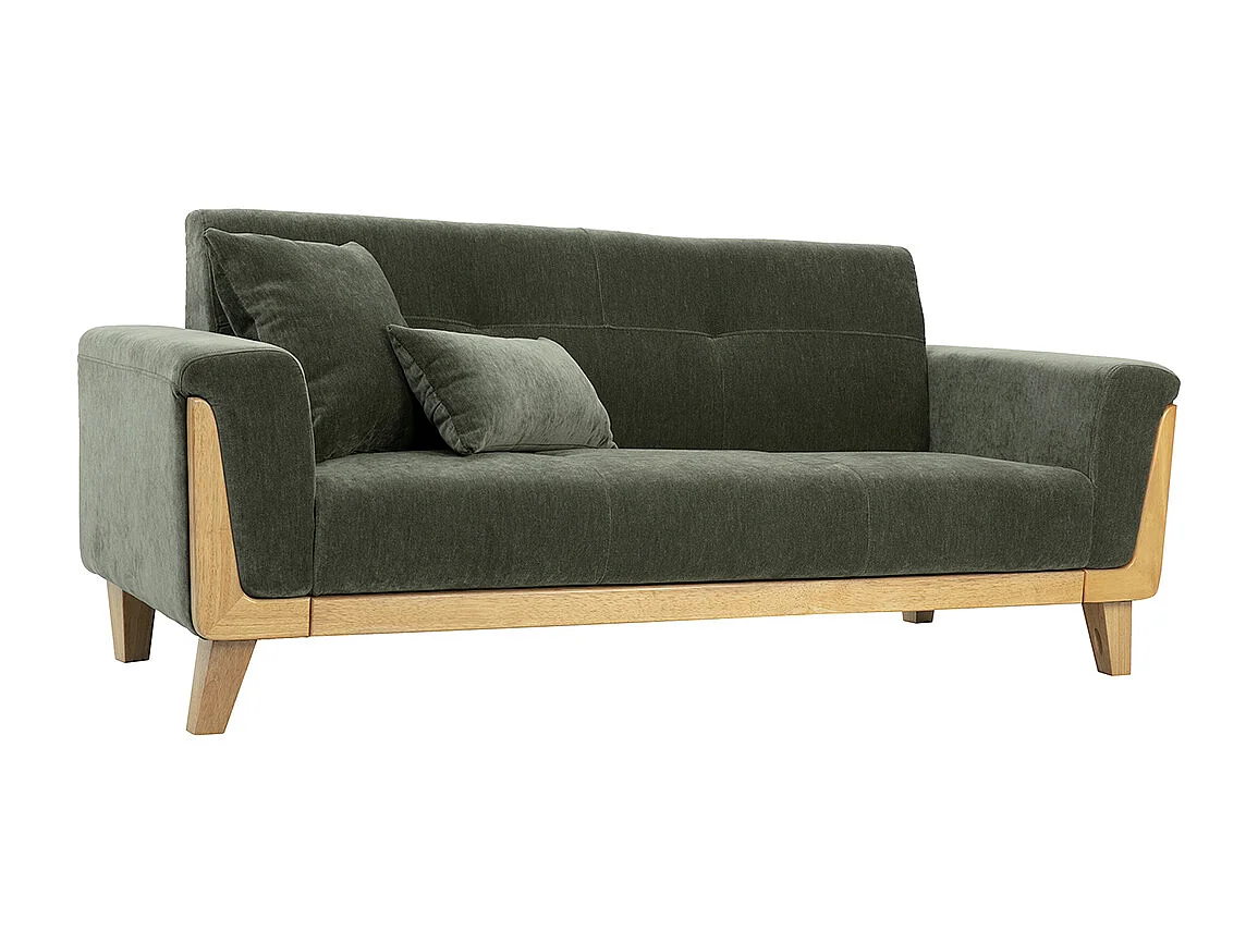 Sofá escandinavo de 3 plazas de terciopelo verde caqui y madera clara FJORD