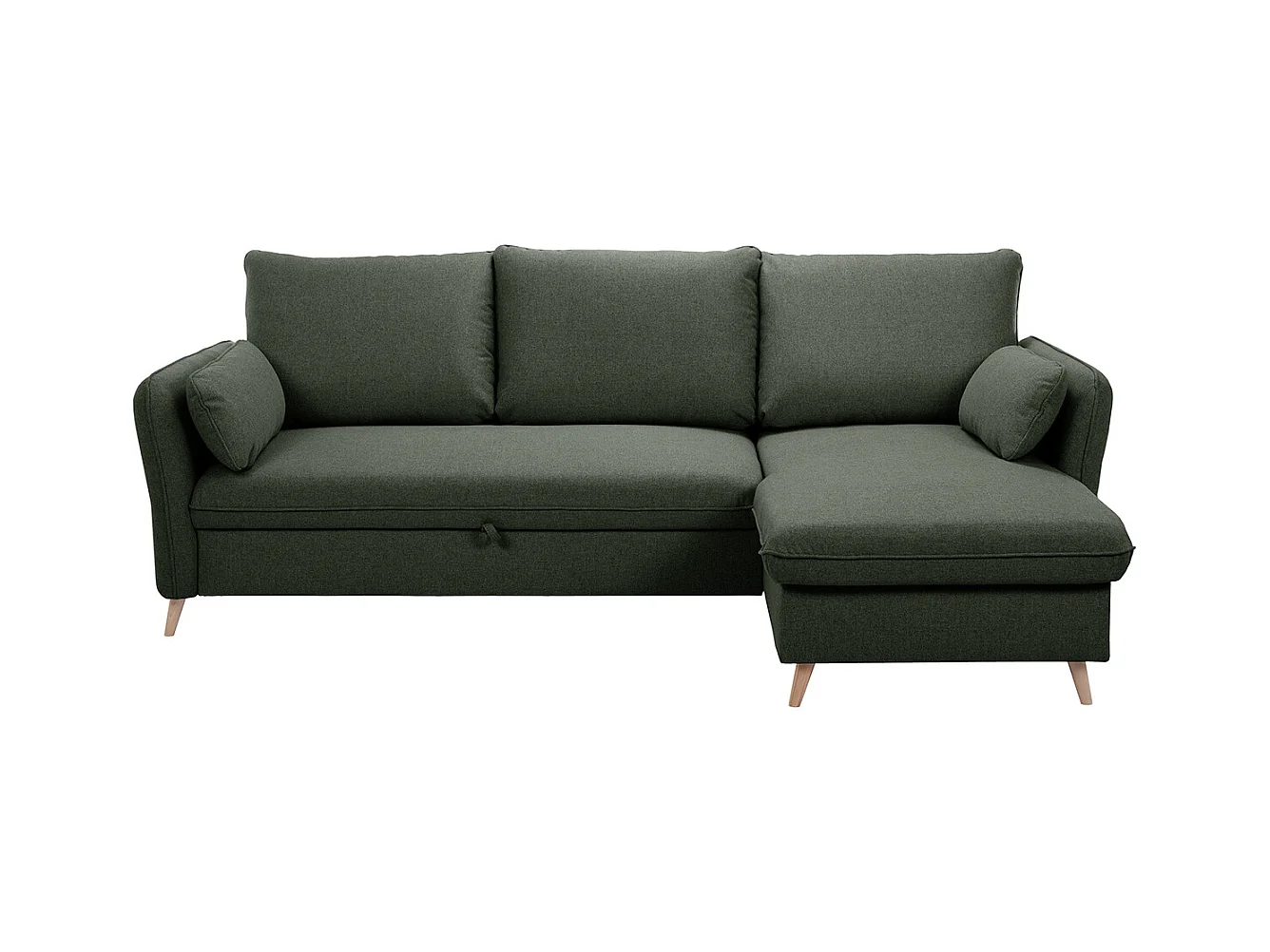 Canapé d'angle convertible réversible avec coffre 3-4 places en tissu vert kaki et bois clair DRISS