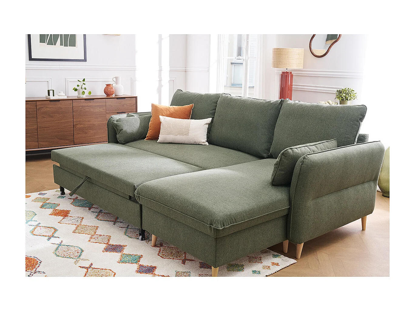 Canapé d'angle convertible réversible avec coffre 3-4 places en tissu vert kaki et bois clair DRISS